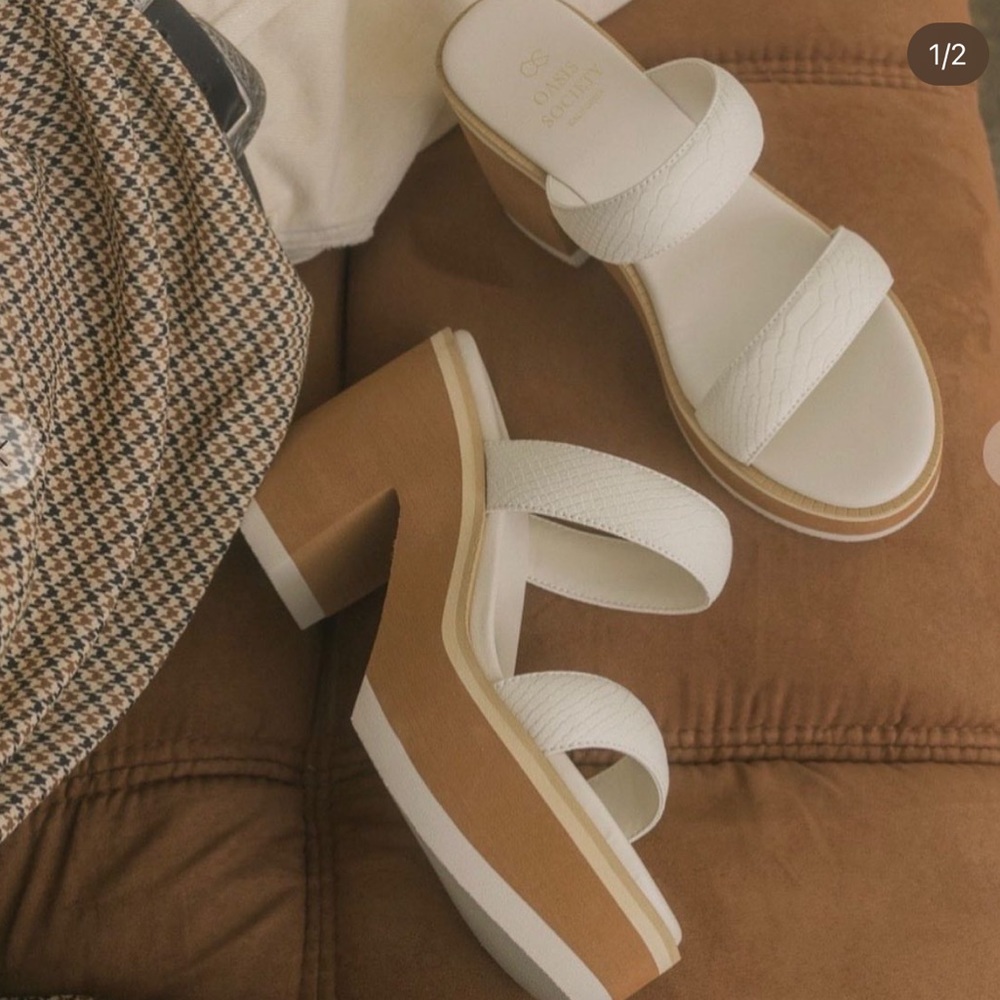 Two tone platform snakeskin slip on mules